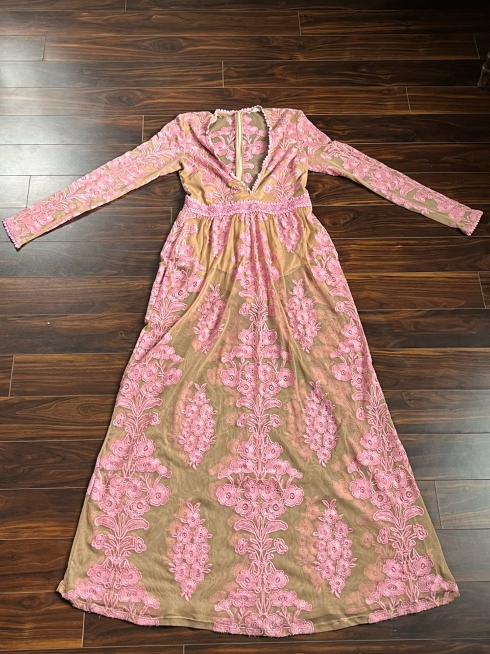 For Love & Lemons Temecula Maxi Dress, Dusty Rose and Nude Long Sleeve Lace, L - Picture 2 of 7